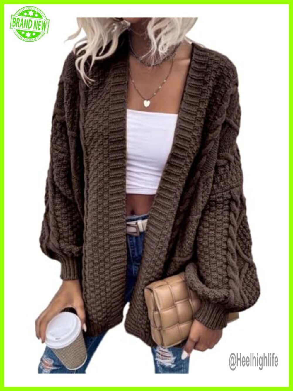 Oversized Chunky Cable Knit Open Front Cardigan Lantern Sleeve Fall Coat